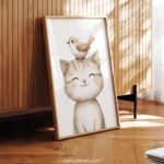 Smiling Kitten with Bird on top – Cute Animal Wall Art
