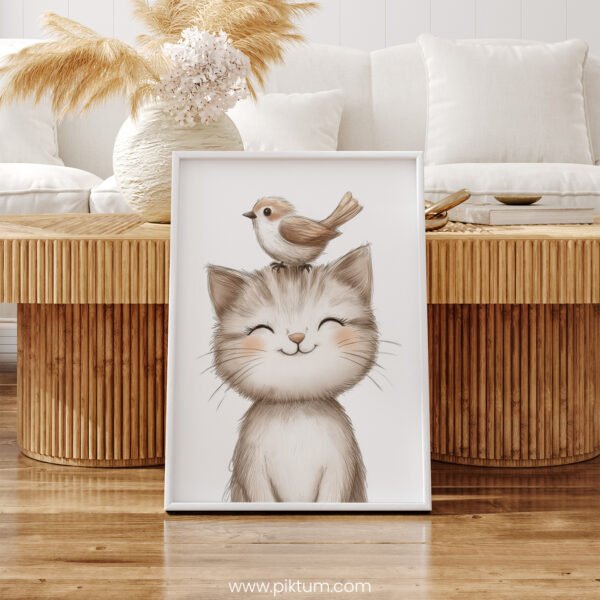 Smiling Kitten with Bird on top – Cute Animal Wall Art