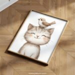Smiling Kitten with Bird on top – Cute Animal Wall Art