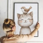 Smiling Kitten with Bird on top – Cute Animal Wall Art