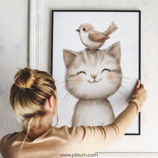 Smiling Kitten with Bird on top – Cute Animal Wall Art