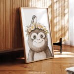 Smiling Baby Monkey with Floral Crown and Bird on Top – Cute Animal Wall Art
