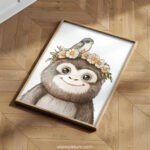 Smiling Baby Monkey with Floral Crown and Bird on Top – Cute Animal Wall Art