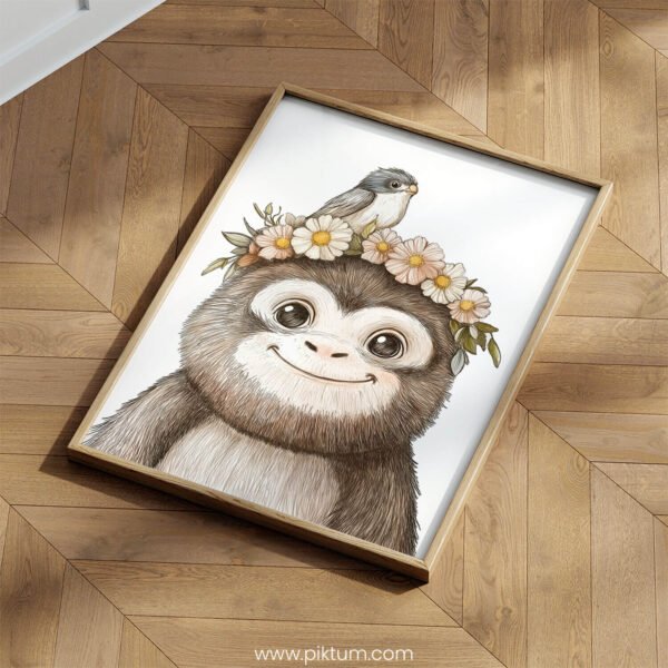 Smiling Baby Monkey with Floral Crown and Bird on Top – Cute Animal Wall Art