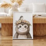 Smiling Baby Monkey with Floral Crown and Bird on Top – Cute Animal Wall Art