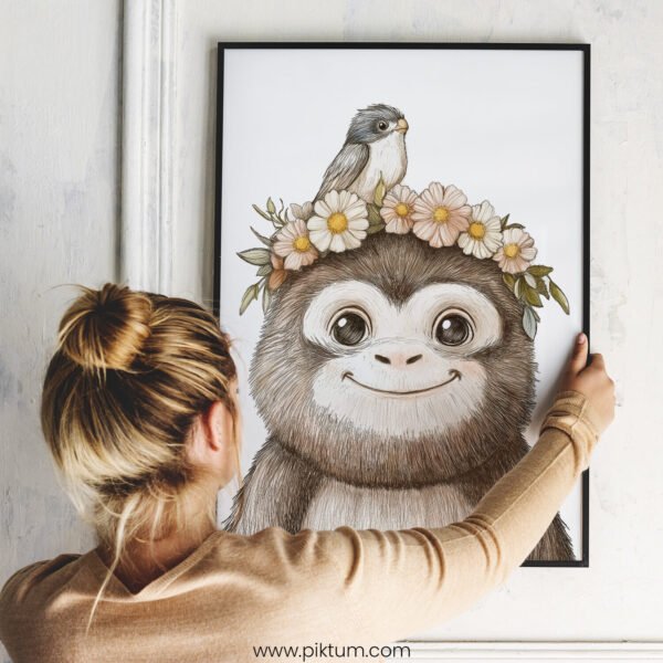 Smiling Baby Monkey with Floral Crown and Bird on Top – Cute Animal Wall Art