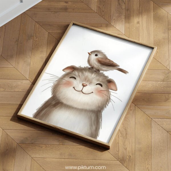 Smiling Hamster with Bird on Top – Cute Animal Wall Art
