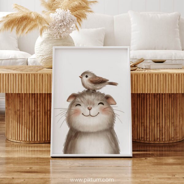 Smiling Hamster with Bird on Top – Cute Animal Wall Art