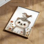 Smiling Hedgehog with Bird on Top – Cute Animal Wall Art