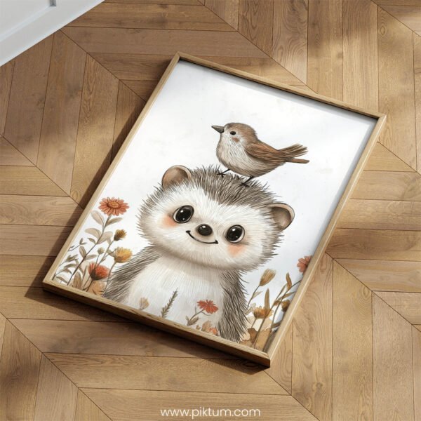 Smiling Hedgehog with Bird on Top – Cute Animal Wall Art
