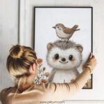 Smiling Hedgehog with Bird on Top – Cute Animal Wall Art