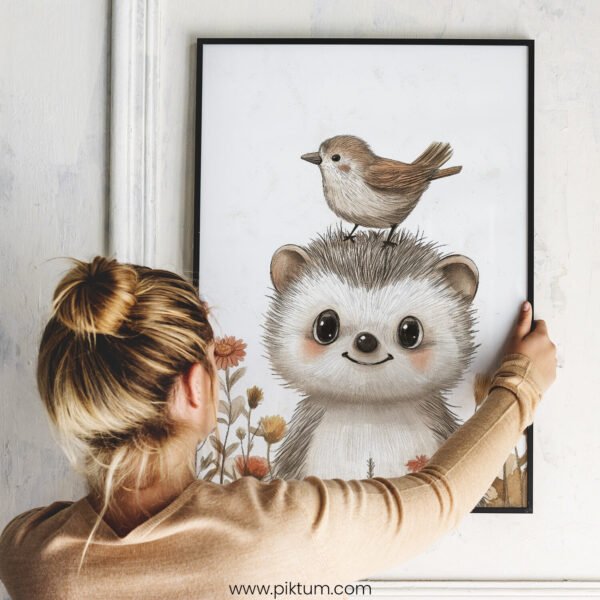Smiling Hedgehog with Bird on Top – Cute Animal Wall Art