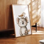 Smiling Koala with Bird on Top – Cute Animal Wall Art