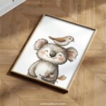 Smiling Koala with Bird on Top – Cute Animal Wall Art