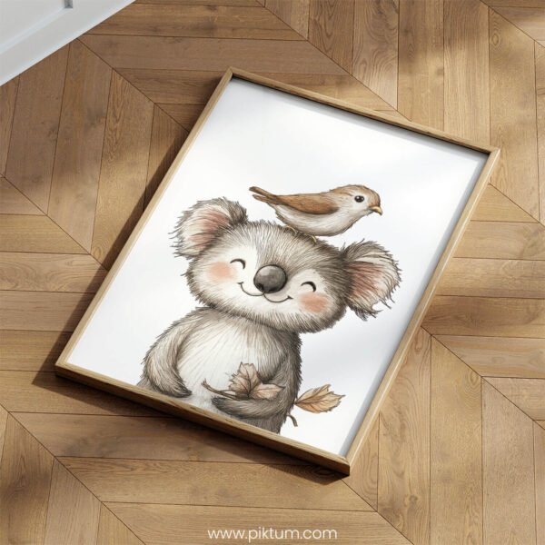 Smiling Koala with Bird on Top – Cute Animal Wall Art