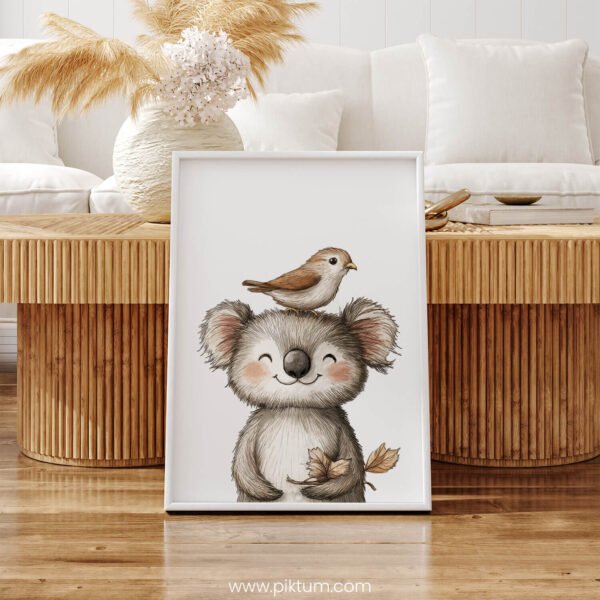Smiling Koala with Bird on Top – Cute Animal Wall Art