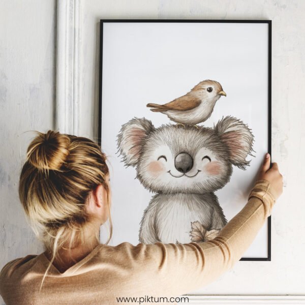 Smiling Koala with Bird on Top – Cute Animal Wall Art