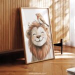 Smiling Lion with Bird on Top – Cute Animal Wall Art