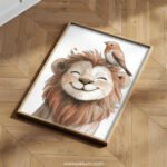 Smiling Lion with Bird on Top – Cute Animal Wall Art