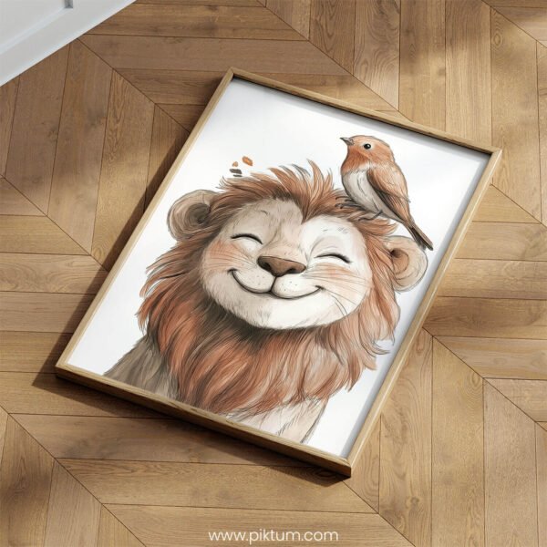 Smiling Lion with Bird on Top – Cute Animal Wall Art