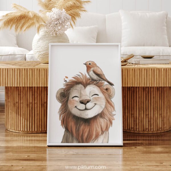 Smiling Lion with Bird on Top – Cute Animal Wall Art