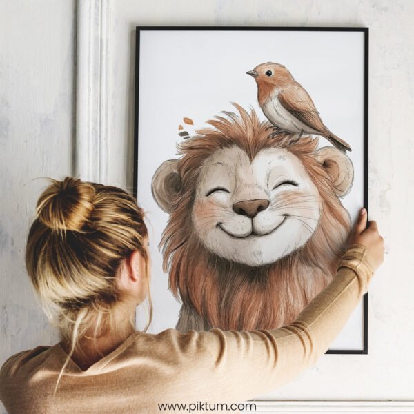 Smiling Lion with Bird on Top – Cute Animal Wall Art