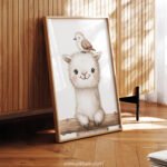 Smiling Llama with Bird on Top – Cute Animal Wall Art