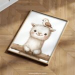 Smiling Llama with Bird on Top – Cute Animal Wall Art