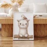 Smiling Llama with Bird on Top – Cute Animal Wall Art