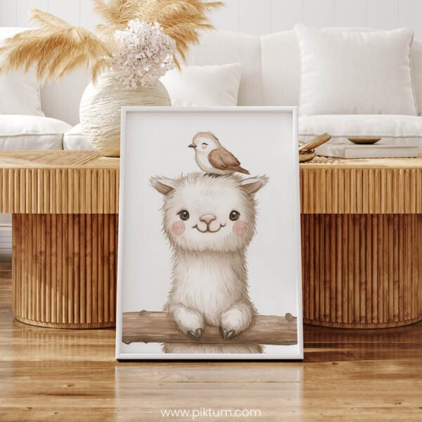 Smiling Llama with Bird on Top – Cute Animal Wall Art