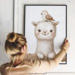 Smiling Llama with Bird on Top – Cute Animal Wall Art