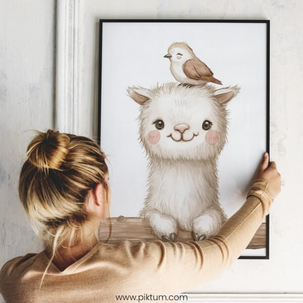 Smiling Llama with Bird on Top – Cute Animal Wall Art