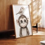Smiling Baby Monkey with Bird on Top – Cute Animal Wall Art