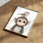 Smiling Baby Monkey with Bird on Top – Cute Animal Wall Art