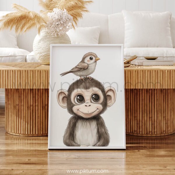 Smiling Baby Monkey with Bird on Top – Cute Animal Wall Art