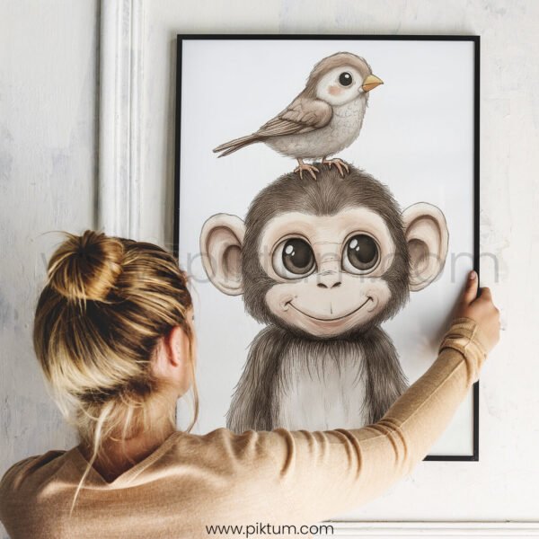Smiling Baby Monkey with Bird on Top – Cute Animal Wall Art