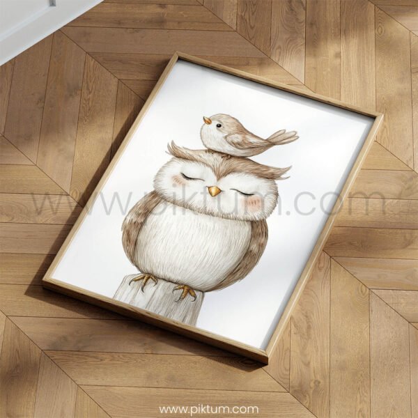 Owl with Bird on Top – Cute Animal Wall Art
