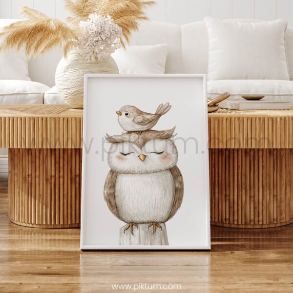 Owl with Bird on Top – Cute Animal Wall Art