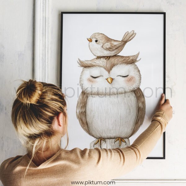 Owl with Bird on Top – Cute Animal Wall Art