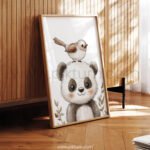 Smiling Panda with Bird on Top – Cute Animal Wall Art