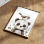 Smiling Panda with Bird on Top – Cute Animal Wall Art