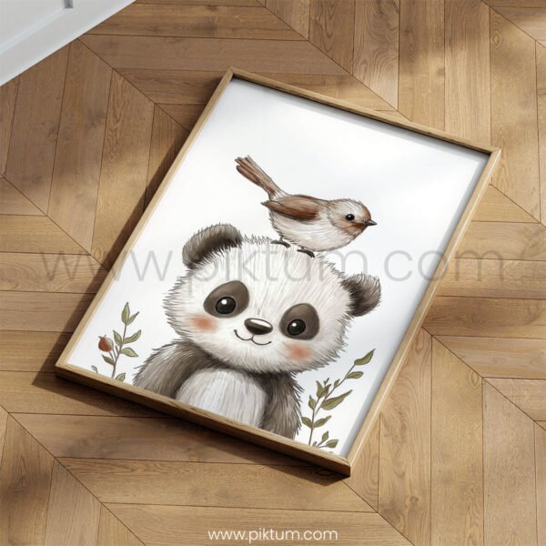 Smiling Panda with Bird on Top – Cute Animal Wall Art