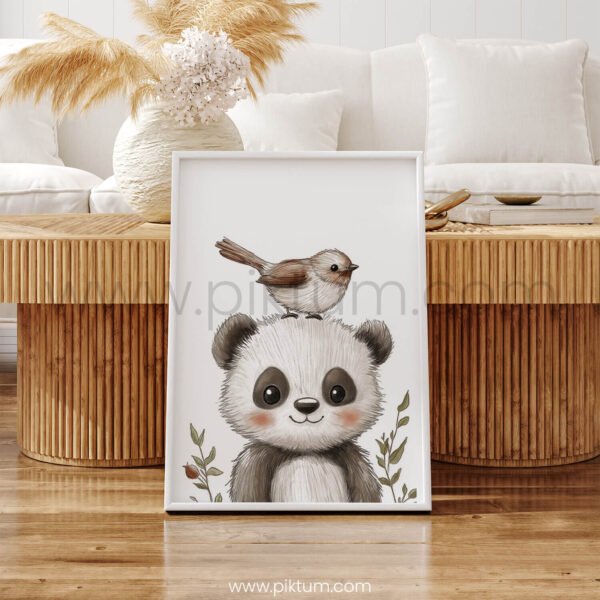 Smiling Panda with Bird on Top – Cute Animal Wall Art