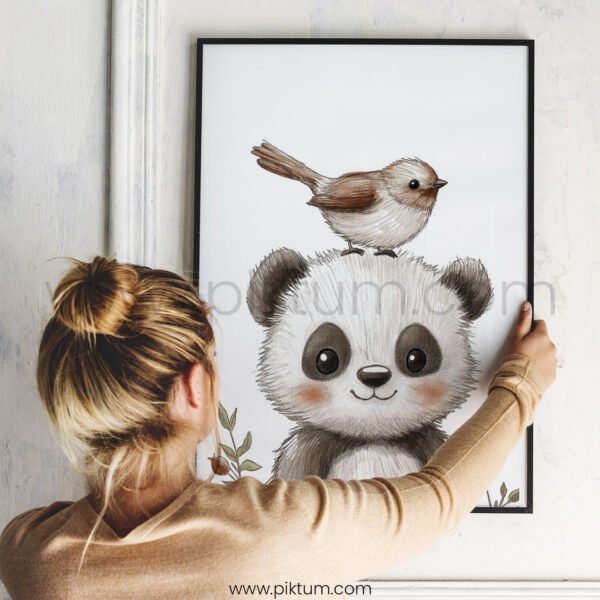 Smiling Panda with Bird on Top – Cute Animal Wall Art