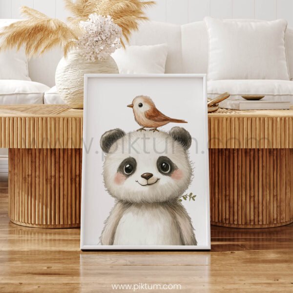 Panda with Bird on Top – Cute Animal Wall Art