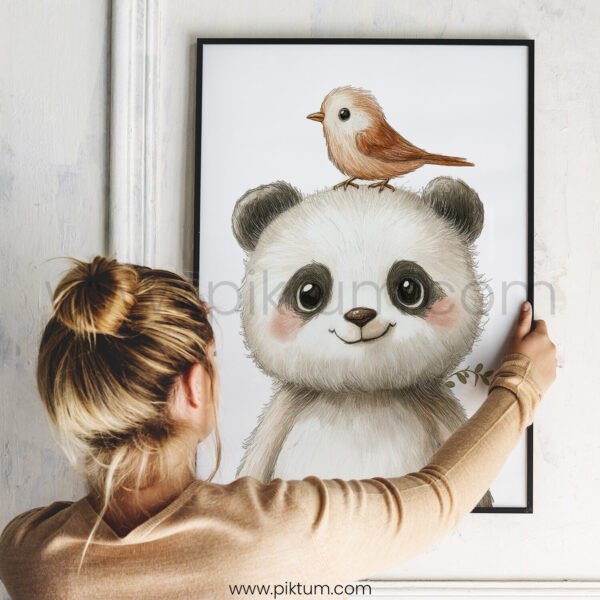 Panda with Bird on Top – Cute Animal Wall Art