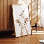 Smiling Cow with Bird on Top – Cute Animal Wall Art