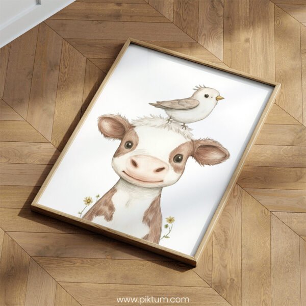 Smiling Cow with Bird on Top – Cute Animal Wall Art