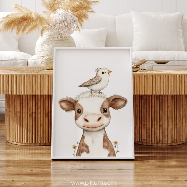 Smiling Cow with Bird on Top – Cute Animal Wall Art
