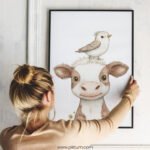 Smiling Cow with Bird on Top – Cute Animal Wall Art